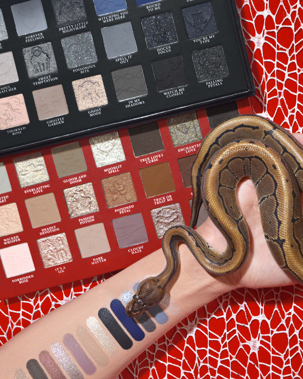 Palette di ombretti e trucco P.Louise Mystic Moonlight per Halloween con campioni su un braccio avvolto da un serpente su uno sfondo di ragnatela rossa
