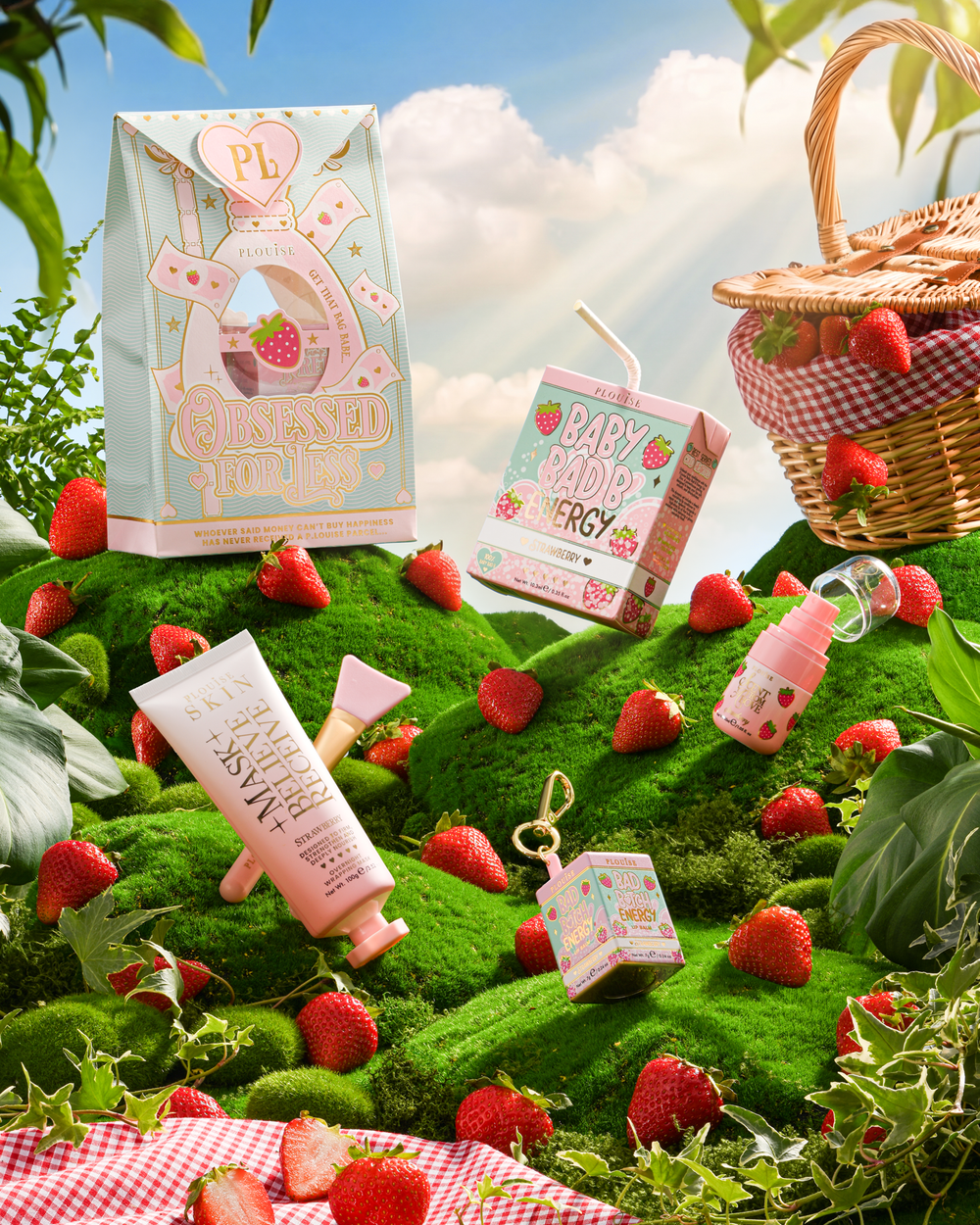 Collezione completa di Strawberry P.Louise Obsessed For Bad Bitch su una collina erbosa circondata da fragole