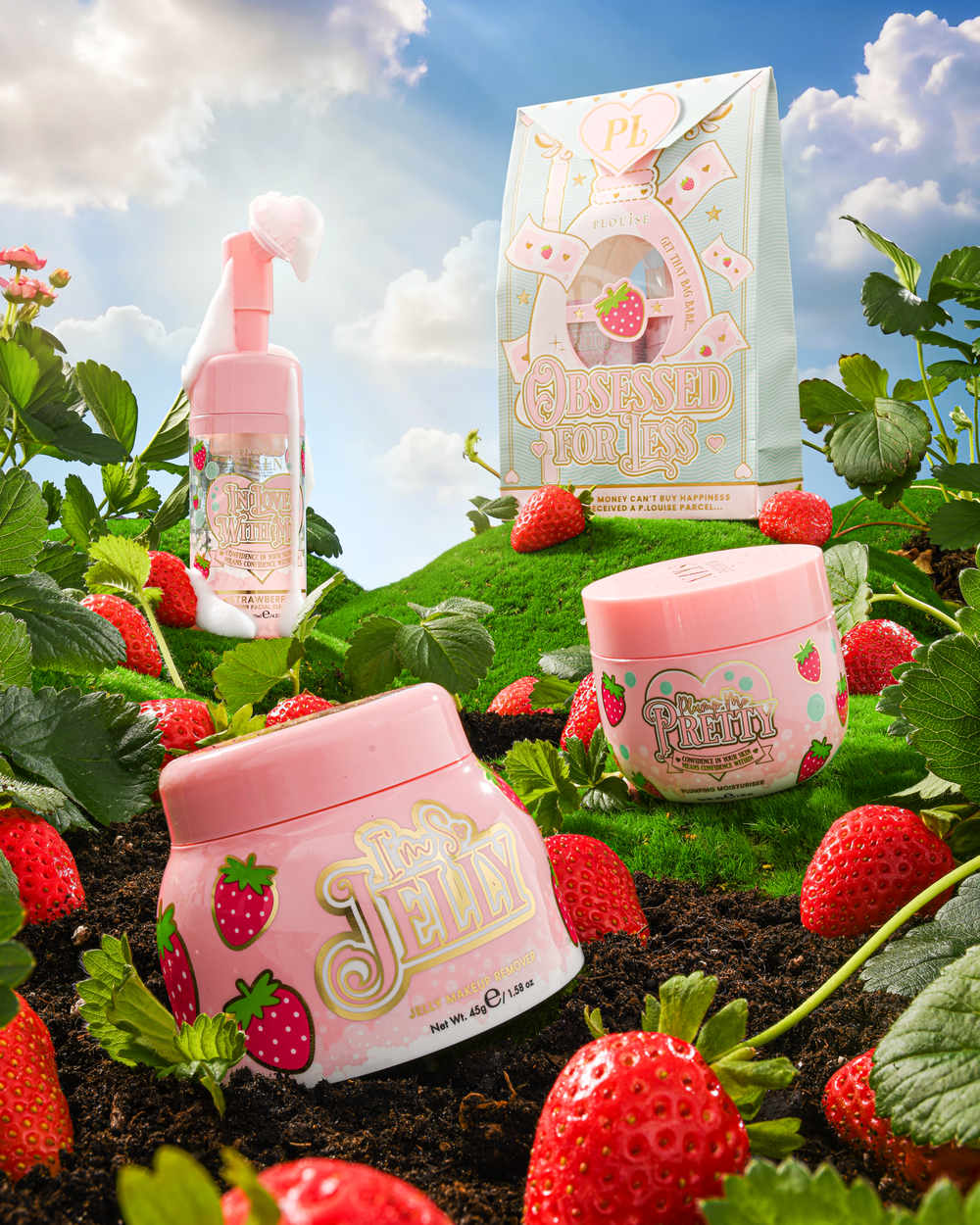 P.Louise Strawberry Obsessed For Less Doppia pulizia e idratazione della pelle Situato su una collina erbosa circondata da fragole