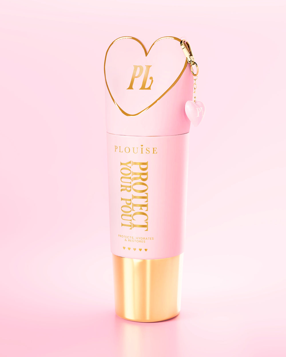 Bottiglia gigante Protect Your Pout rosa e oro con tappo a forma di cuore su sfondo rosa chiaro
