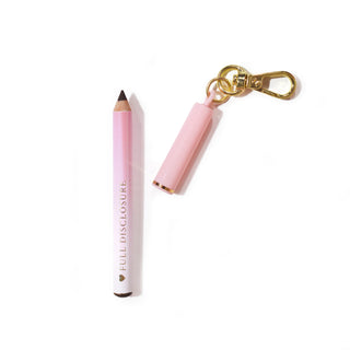 Pink P.Louise mini keychain lip liner with 'Full Disclosure' branding on a light pink background