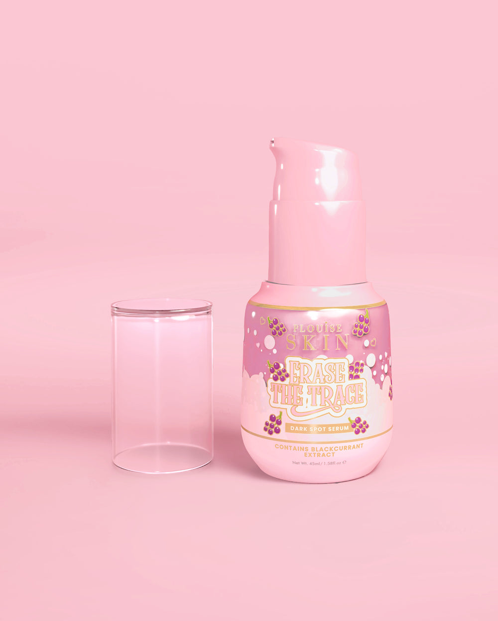 Flacone rosa di P. Louise Erase The Trace Dark Spot Correcting Serum con il coperchio aperto su uno sfondo rosa