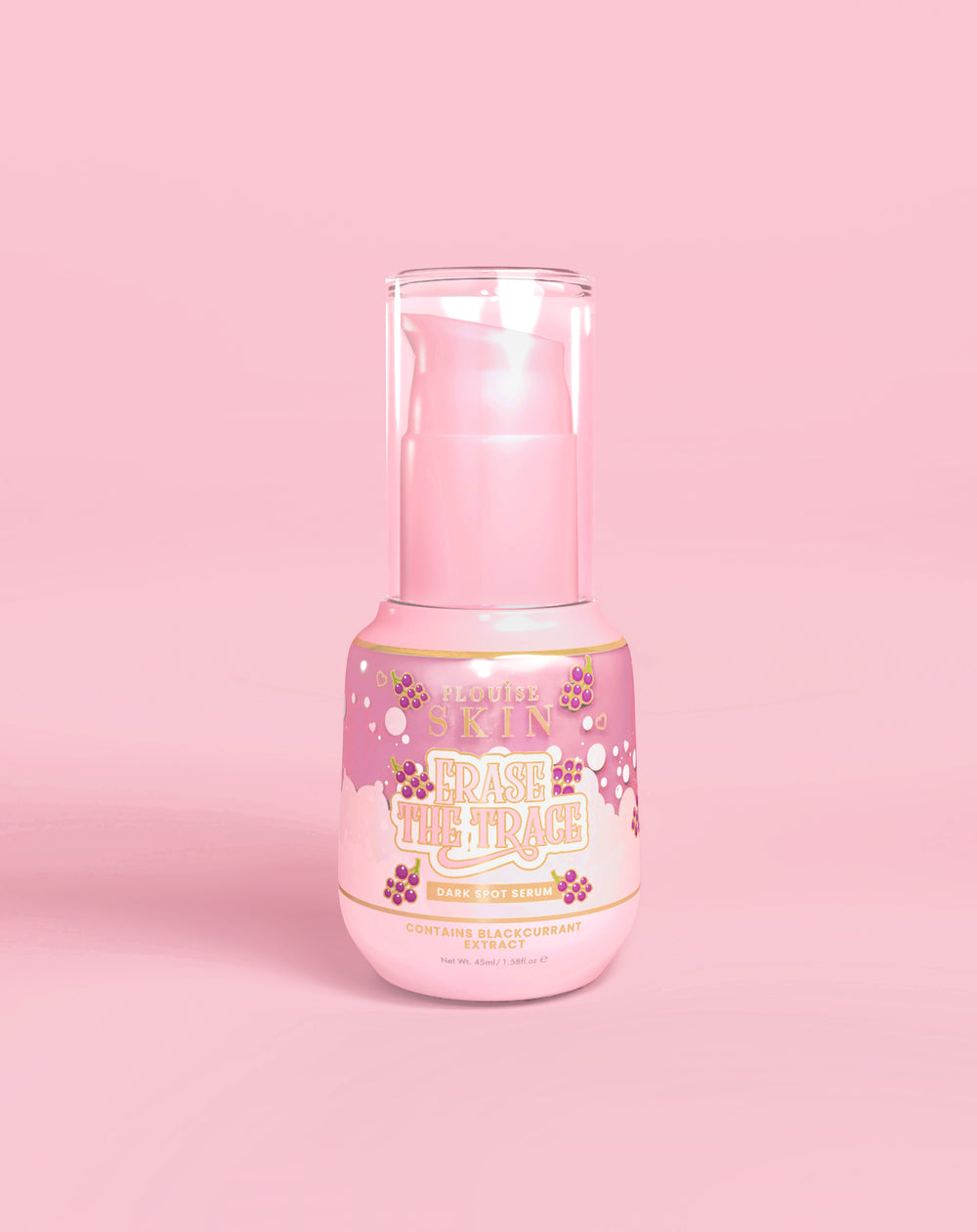 Flacone rosa di P. Louise Erase The Trace Dark Spot Correcting Serum su sfondo rosa