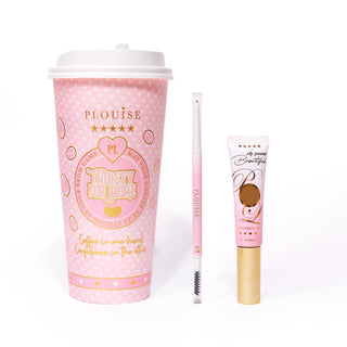 A product image featuring a double-ended eyebrow pencil next to a tube of eyebrow gel, next to a pink coffee cup with pink and gold blending against a white background