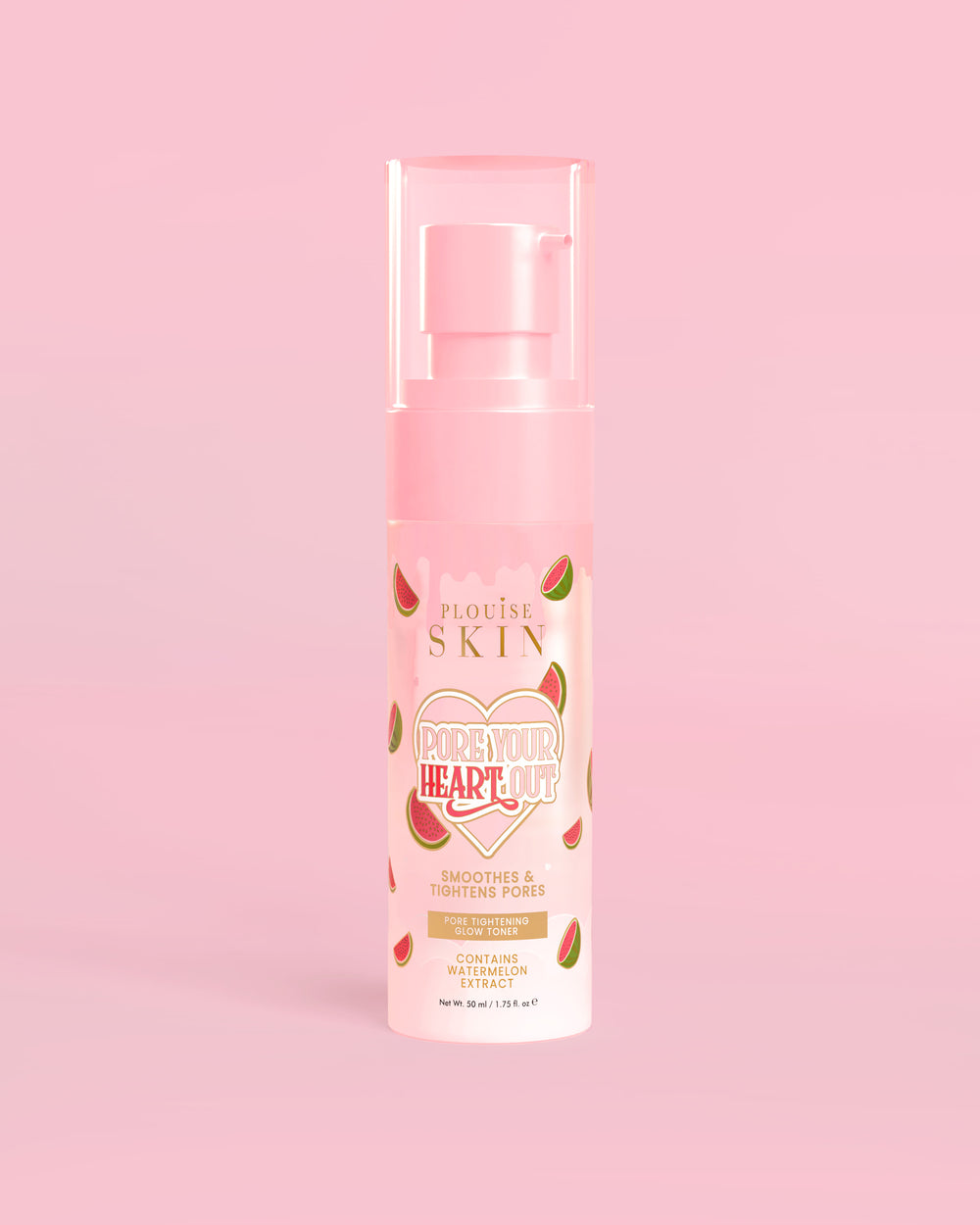 P. Louise Pore Your Heart Out Watermelon Pore Tightening Toner con disegno di anguria su sfondo rosa