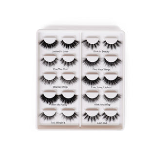 Inside a package of P.Louise Pro Lash Book containing 10 pairs of false eyelashes displayed in a box with heart designs and decorative elements.