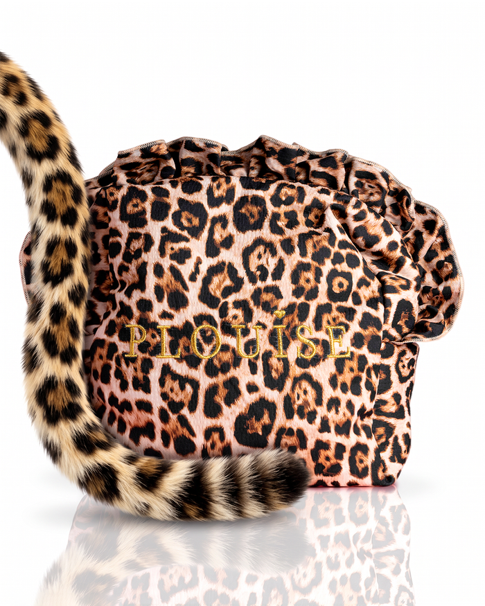 Borsa per il trucco con volant e stampa leopardata grande con seduzione maculata di ghepardo