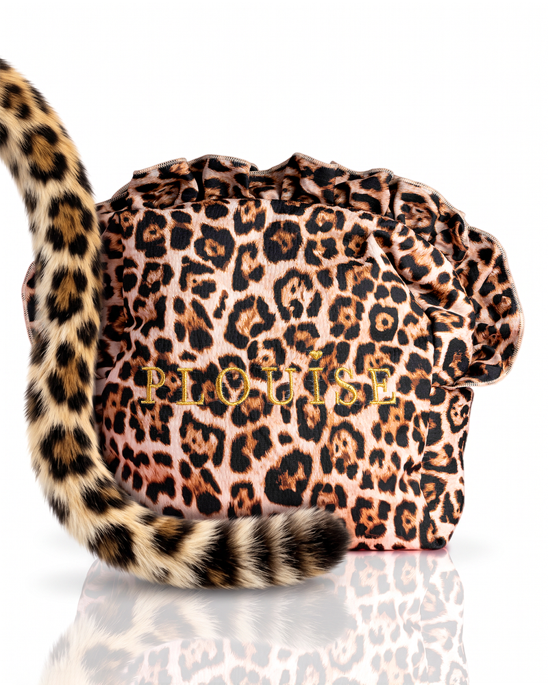 Borsa per il trucco con volant e stampa leopardata grande con seduzione maculata di ghepardo