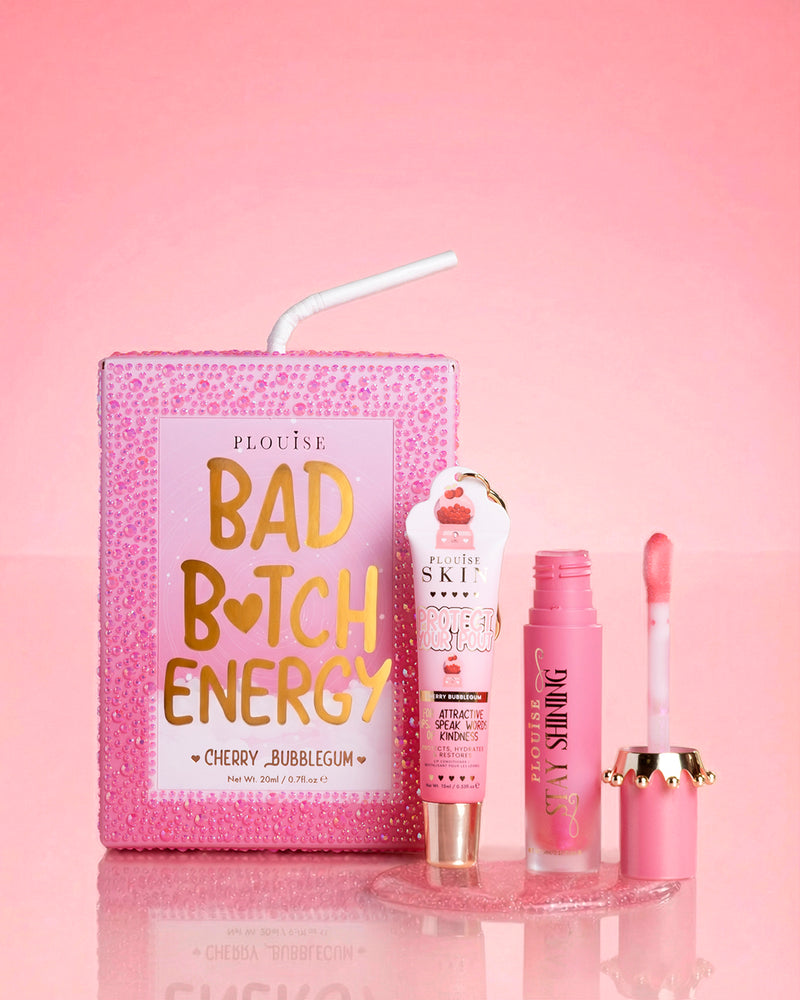 Duo di labbra rosa P.Louise Crystal Glitter Bad Bitch Energy in gomma da masticare alla ciliegia con olio per labbra lucido e balsamo per labbra