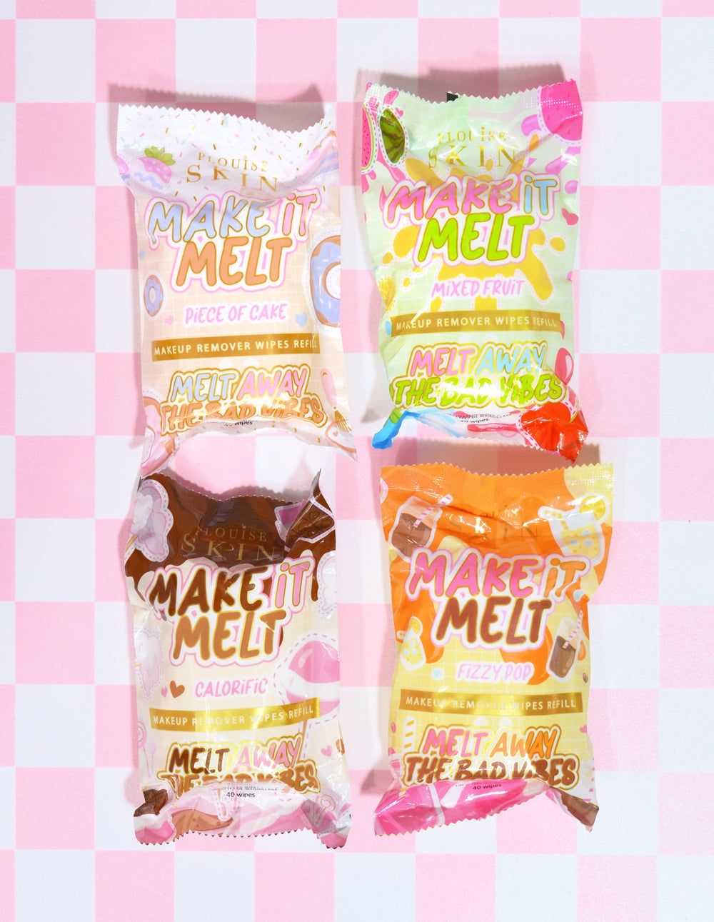 Una collezione di salviette struccanti P.Louise Make It Melt in varie profumazioni, esposte in un contenitore ricaricabile con uno sfondo a quadretti rosa.