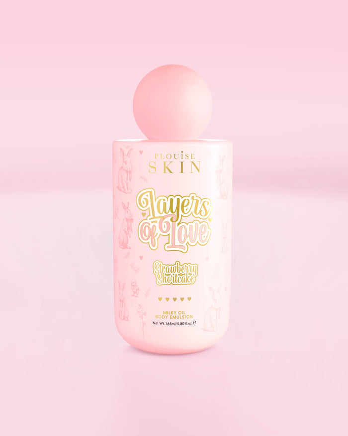 Bottiglia rosa di emulsione corpo P.Louise Layers Of Love Milky Oil al profumo di torta di fragole