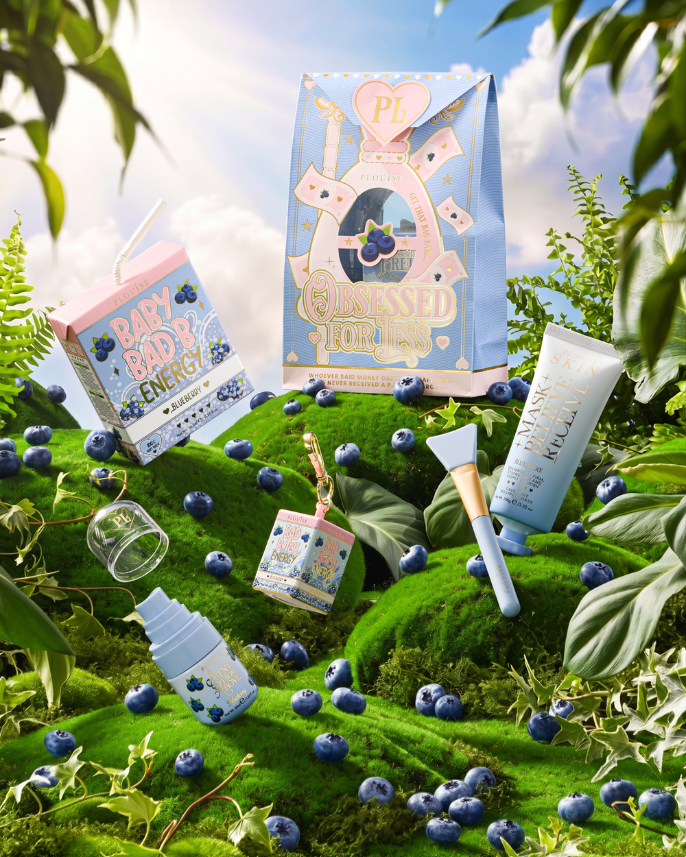P.Louise Blueberry Obsessed For Bad Bitch and packaging on a green hill with blueberries