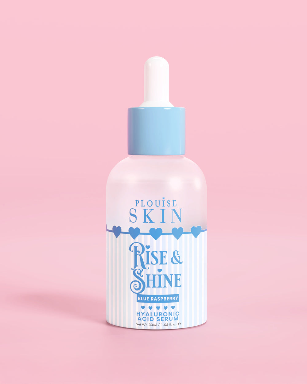 Flacone blu e bianco di PLouise Rise and Shine Hyaluronic Serum in lampone blu