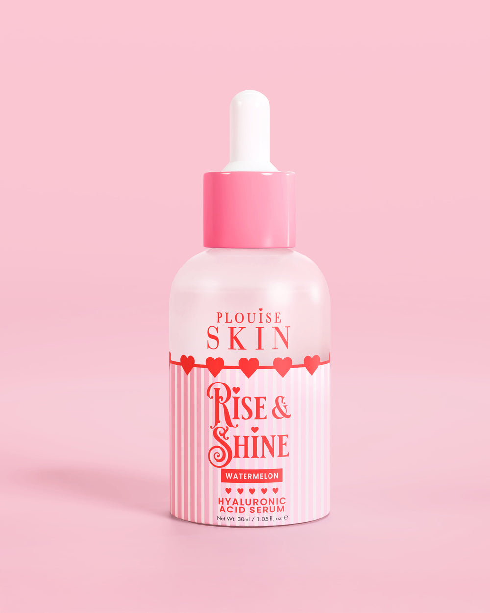 Flacone rosa rosso e bianco di siero all'acido ialuronico P.Louise Rise & Shine all'anguria