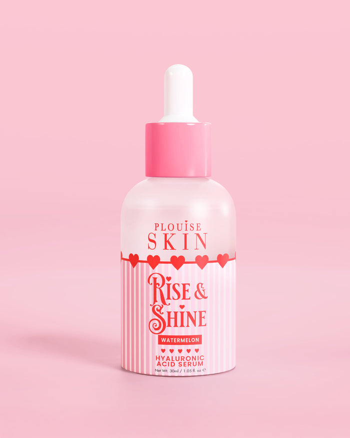 Flacone rosa rosso e bianco di siero all'acido ialuronico P.Louise Rise & Shine all'anguria