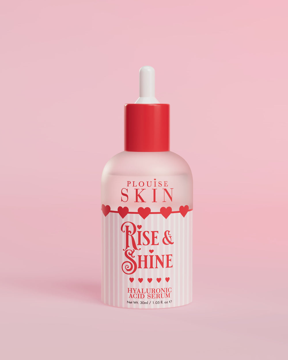 Un flacone di siero all'acido ialuronico P.Louise Rise and Shine con un'etichetta rosa e un contagocce rosso, su uno sfondo rosa.