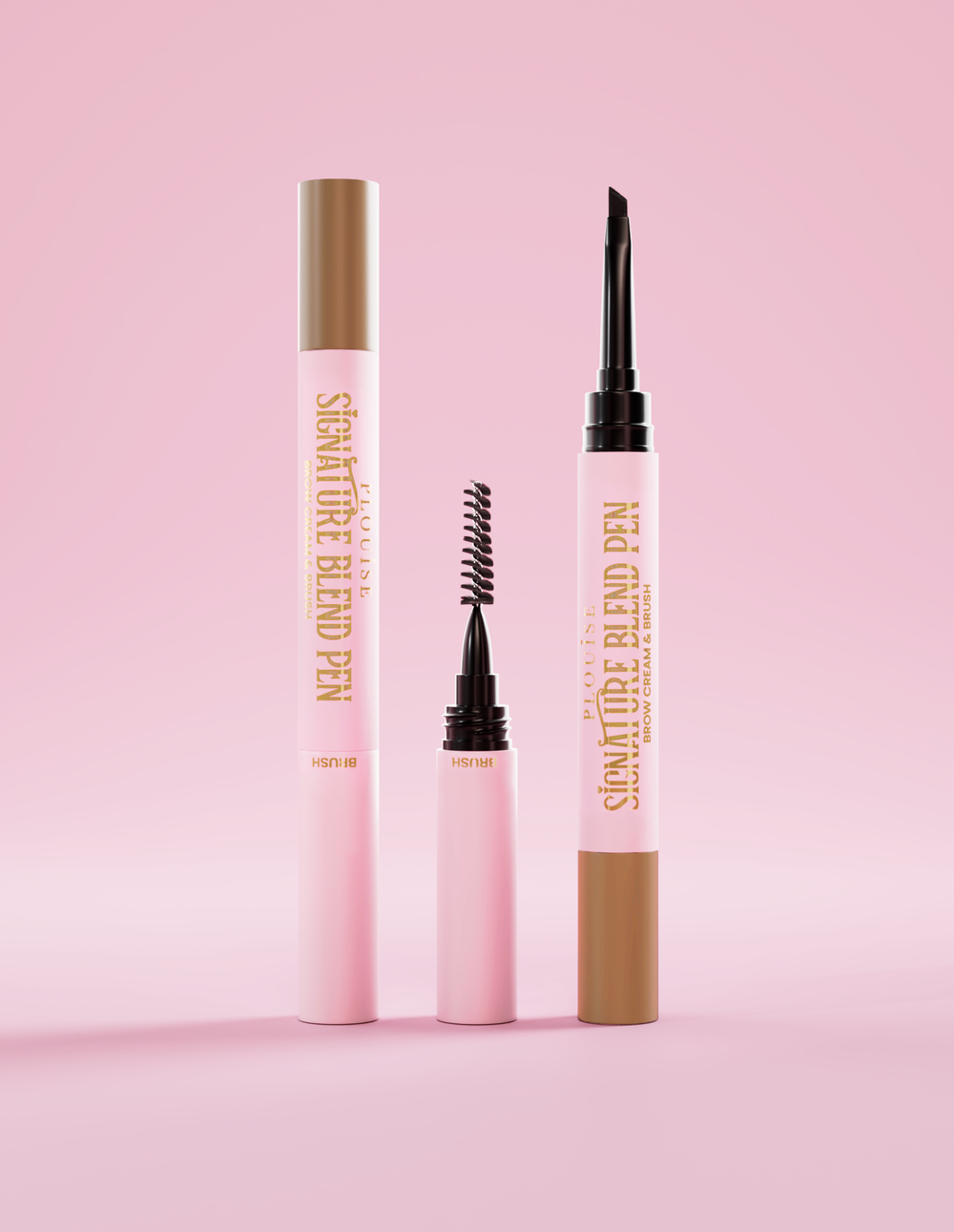 Penna per sopracciglia P.Louise Signature Blend, con i coperchi su ciascuna estremità che mostrano ciascun applicatore all'estremità su uno sfondo rosa