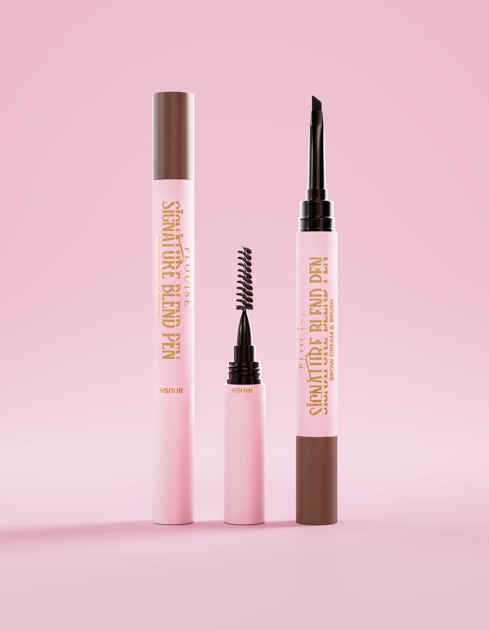 Penna per sopracciglia P.Louise Signature Blend, con i coperchi su ciascuna estremità che mostrano ciascun applicatore all'estremità su uno sfondo rosa