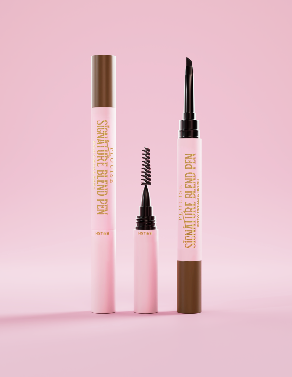 Penna per sopracciglia P.Louise Signature Blend, con i coperchi su ciascuna estremità che mostrano ciascun applicatore all'estremità su uno sfondo rosa