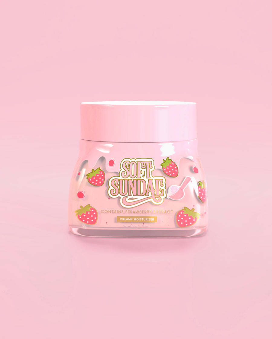 Vasetto rosa di crema idratante montata con gelato morbido P. Louise su sfondo rosa