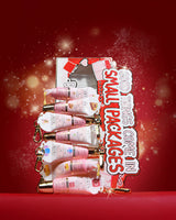 Set regalo di mini balsamo per labbra "All Good Things Come In Small Packages" su sfondo rosso