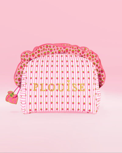 Borsa per il trucco e la cura della pelle P.Louise a righe bianche e rosa con volant e grafica con fragole