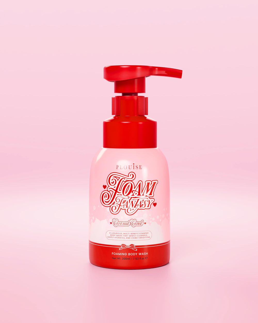Bottiglia rossa e rosa di bagnoschiuma P.Louise Foam Fantasy su sfondo rosa