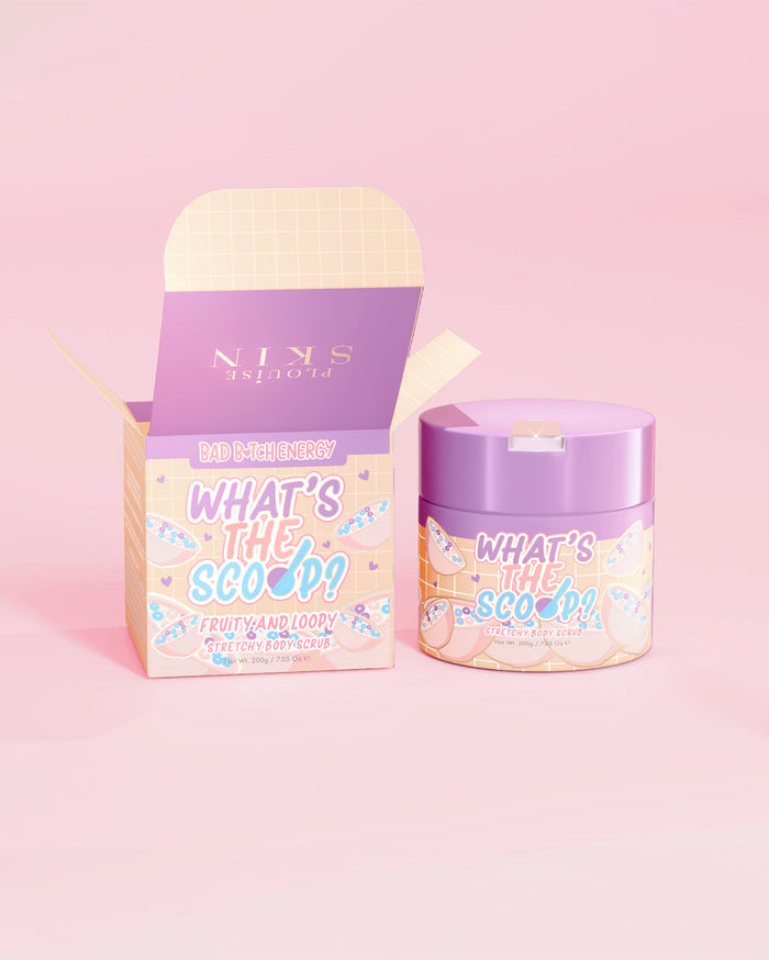 P.Louise 'Qual è lo scoop?' scrub corpo elasticizzato dal profumo fruttato e pazzesco con una confezione dal design fruttato e pazzesco su sfondo rosa