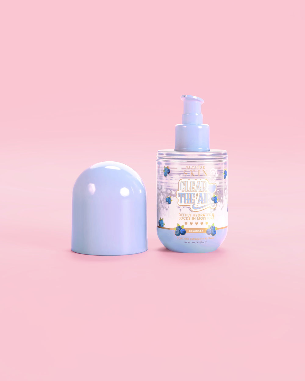 Bottiglia di P. Louise Clear The Air Blueberry Gel Cleanser con il tappo aperto su uno sfondo rosa