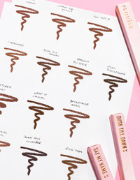 Un'immagine di un pezzo di carta con scarabocchi che mostra ciascuna tonalità e nome di P.Louise Ultimate Definition Sharpenable Lip Liner