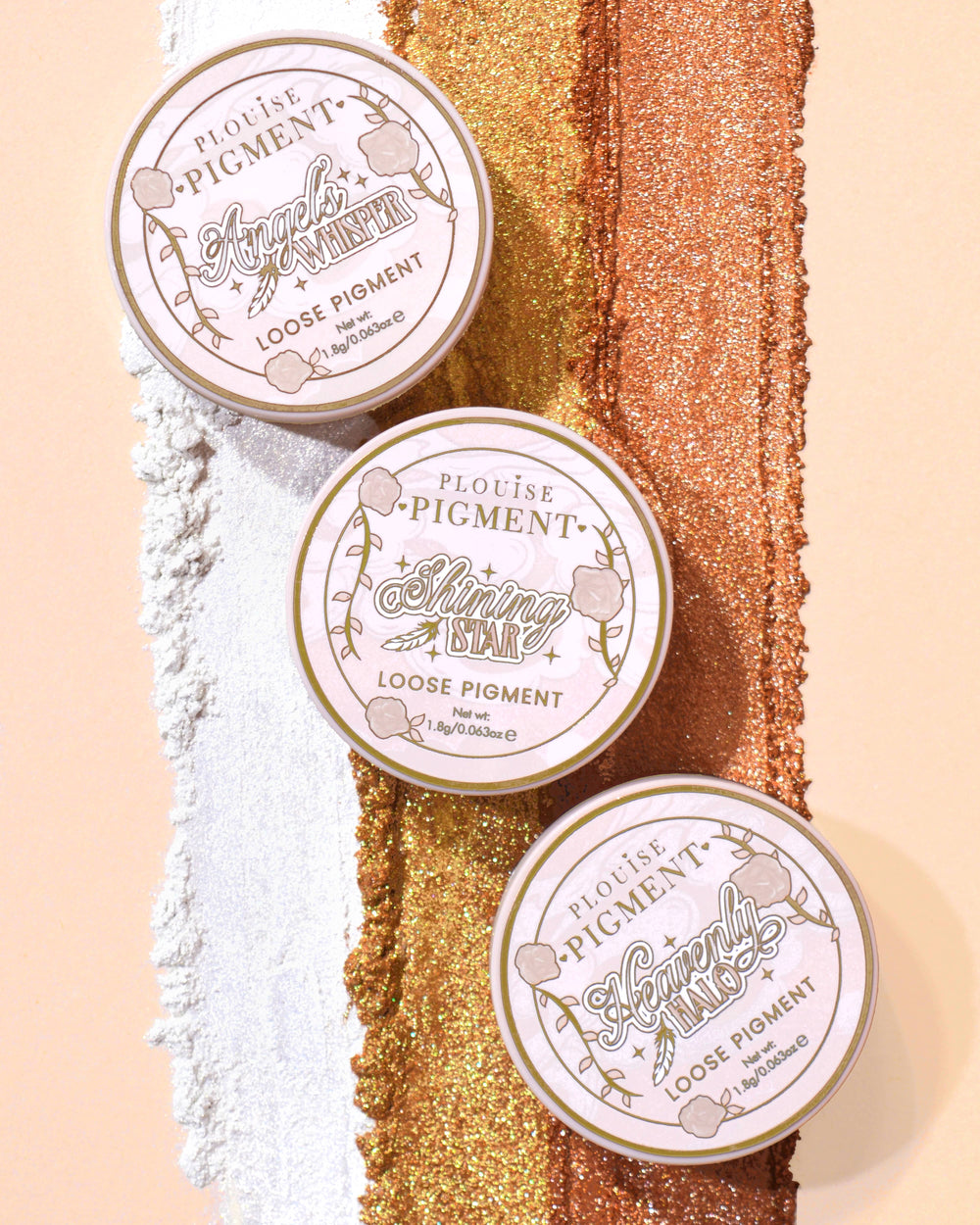 Tre contenitori di pigmenti per ombretti Loose Glitter P.Louise Stardust Secrets contro file di glitter prelevati da ogni vaschetta