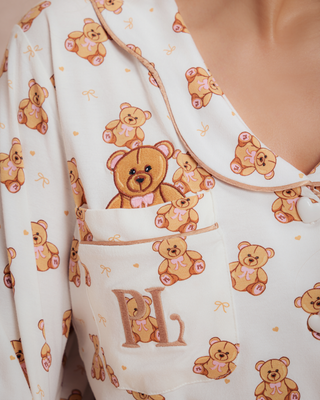 Close up shot of the teddy bear print on womens pyjama set